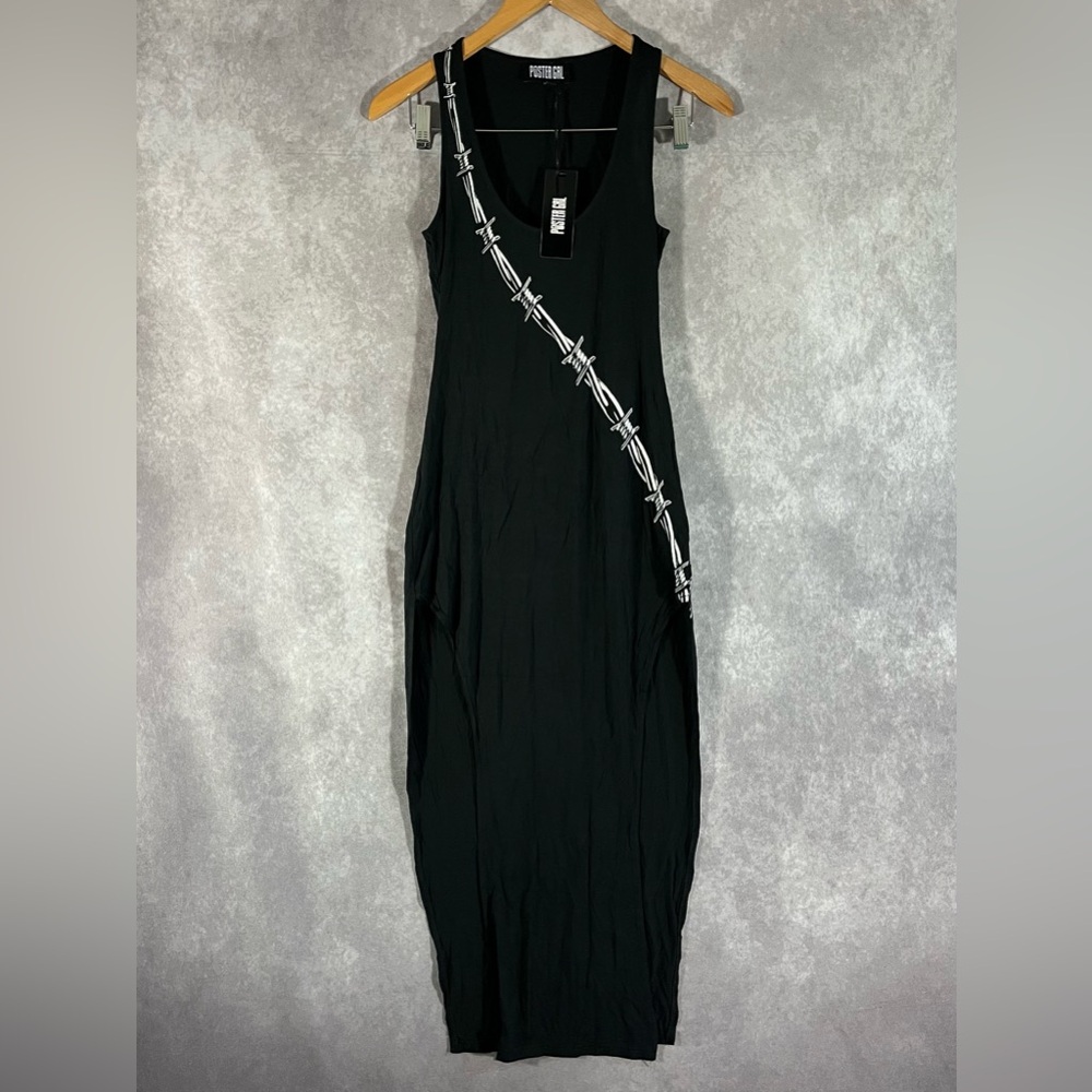 POSTER GIRL Black Maxi Dress with White Barbed Wire Print